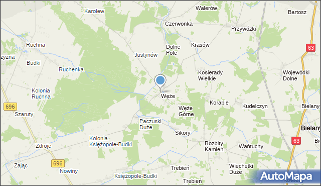 mapa Węże, Węże gmina Sokołów Podlaski na mapie Targeo